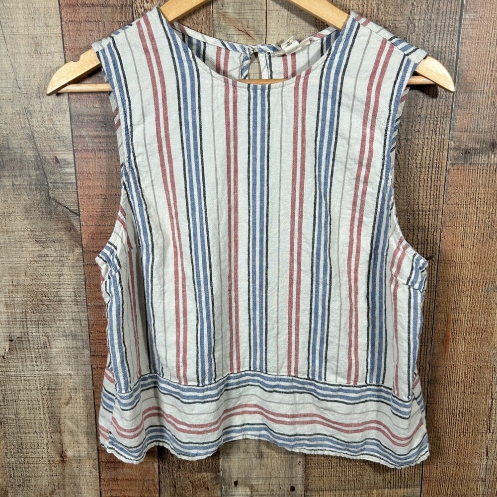 ANA A New Approach Coastal Linen Blend Striped Sleeveless Top Blue Red Large